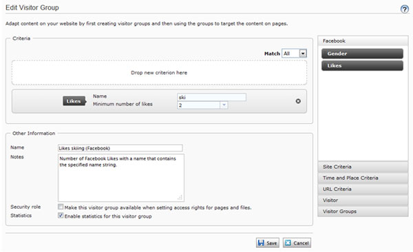 Adding Facebook criteria for ski-lovers Edit Visitor Group